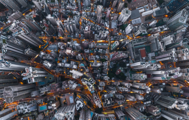 Bird's eye view of a city with sky scrapers